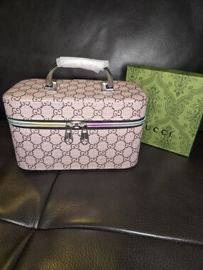 Monogram Beige Exterior /Pink Vanity/ Cosmetic Case w/ Rainbow Zipper (Small)